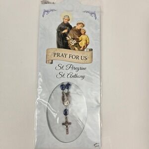 St Peregrine St Anthony Rosary Necklace Blue Beads Silver Tone Crucifix New